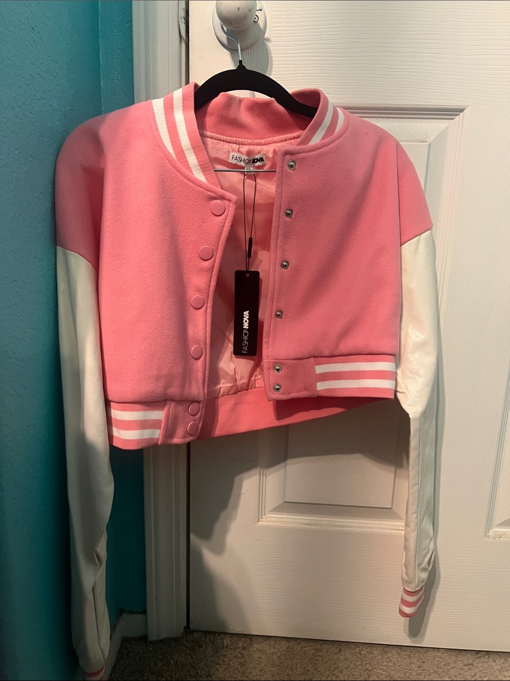 Fashion Nova Pink & White Cropped Varsity Jacket NWT